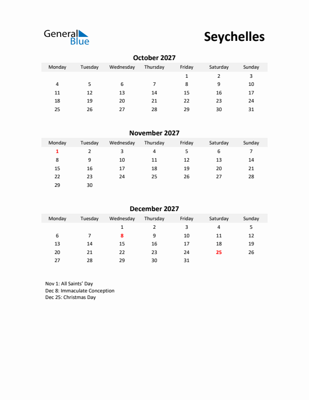 Printable Quarterly Calendar with Notes and Seychelles Holidays- Q4 of 2027