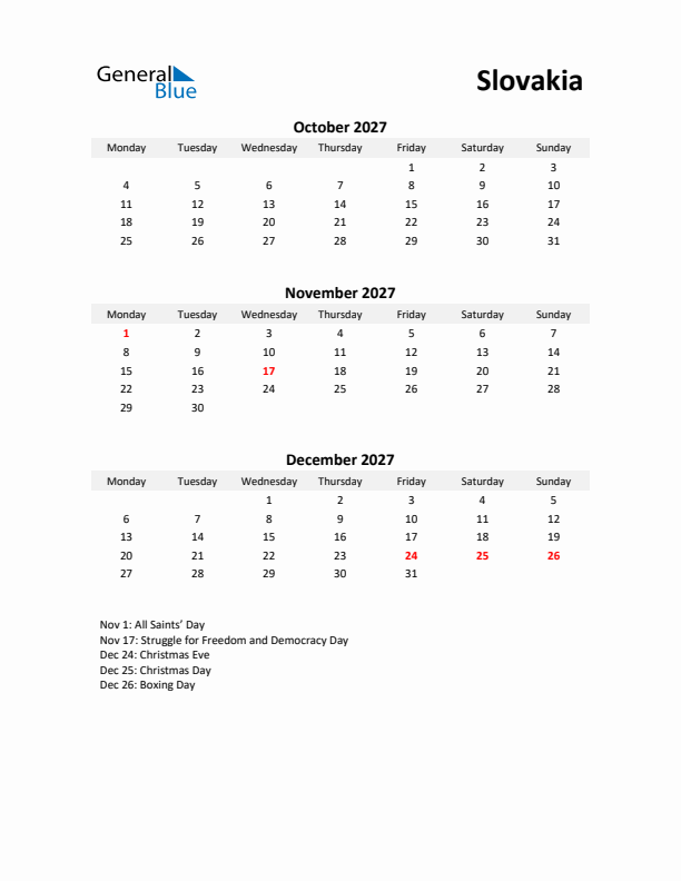 Printable Quarterly Calendar with Notes and Slovakia Holidays- Q4 of 2027