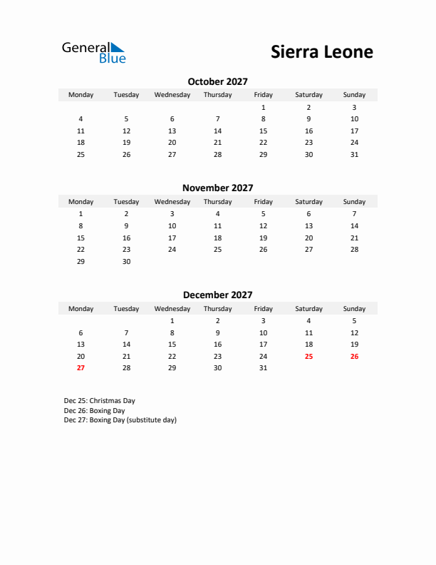 Printable Quarterly Calendar with Notes and Sierra Leone Holidays- Q4 of 2027