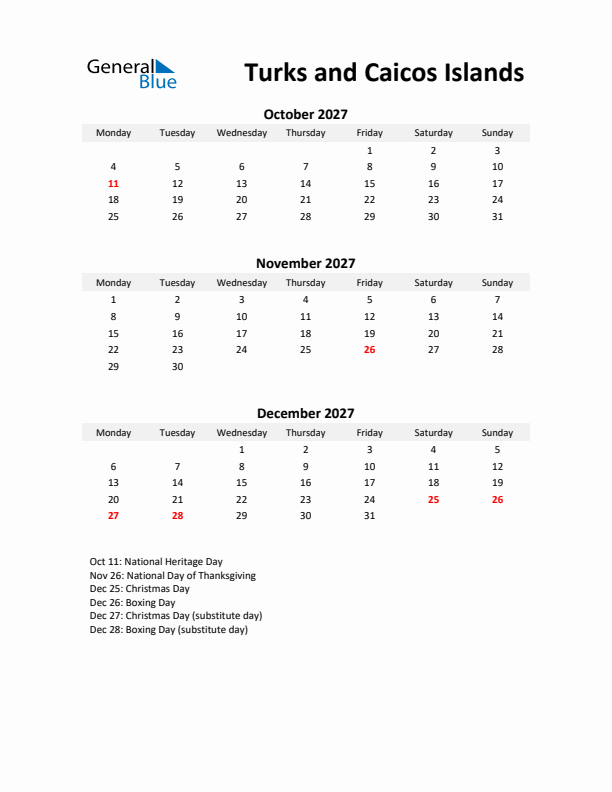 Printable Quarterly Calendar with Notes and Turks and Caicos Islands Holidays- Q4 of 2027