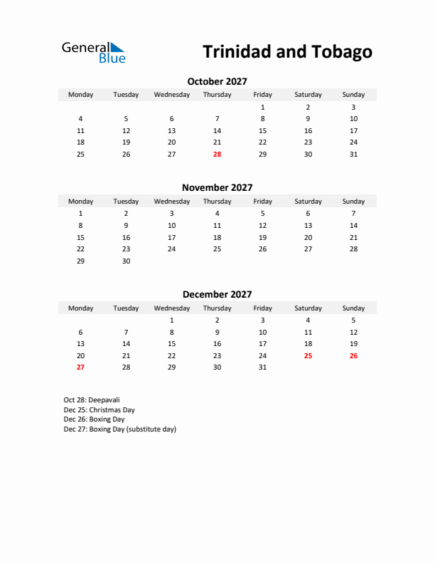 Printable Quarterly Calendar with Notes and Trinidad and Tobago Holidays- Q4 of 2027