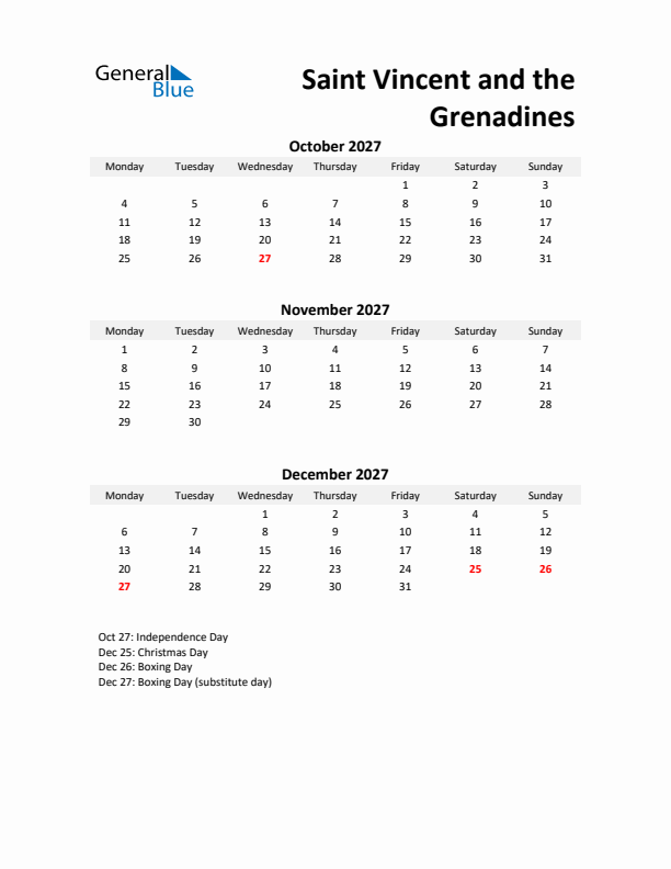 Printable Quarterly Calendar with Notes and Saint Vincent and the Grenadines Holidays- Q4 of 2027