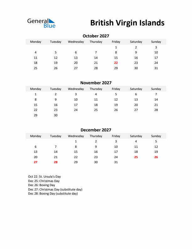 Printable Quarterly Calendar with Notes and British Virgin Islands Holidays- Q4 of 2027