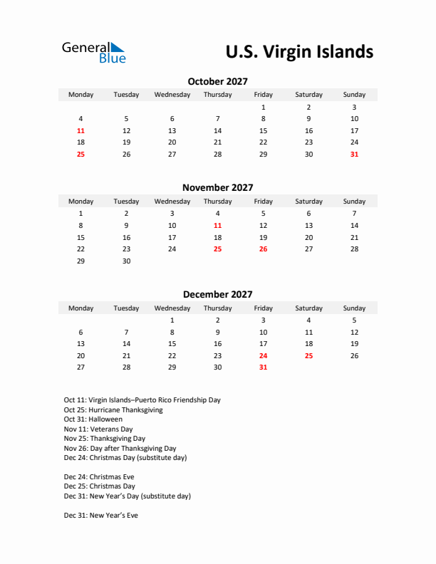 Printable Quarterly Calendar with Notes and U.S. Virgin Islands Holidays- Q4 of 2027