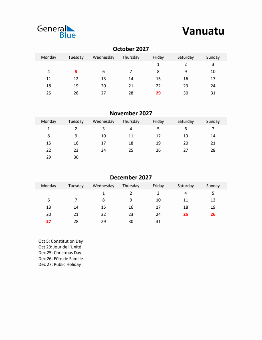 Printable Quarterly Calendar with Notes and Vanuatu Holidays (Q4, 2027 ...