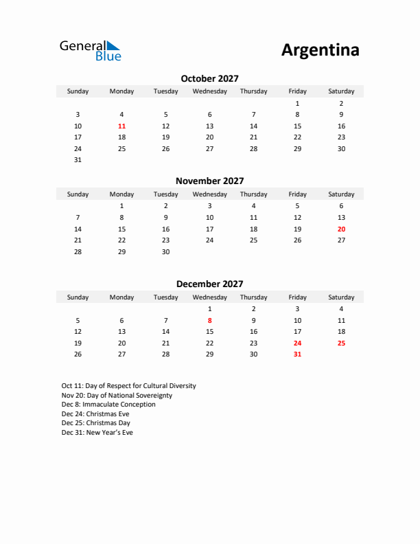 Printable Quarterly Calendar with Notes and Argentina Holidays- Q4 of 2027
