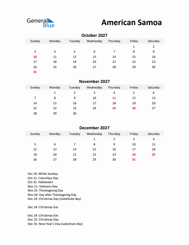 Printable Quarterly Calendar with Notes and American Samoa Holidays- Q4 of 2027