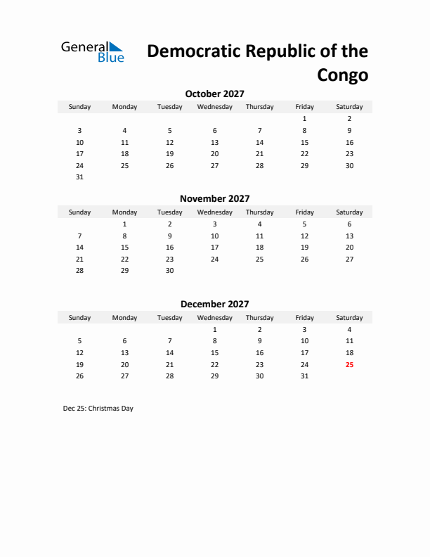 Printable Quarterly Calendar with Notes and Democratic Republic of the Congo Holidays- Q4 of 2027