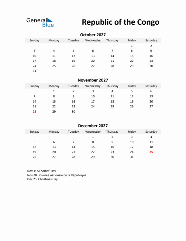 Printable Quarterly Calendar with Notes and Republic of the Congo Holidays- Q4 of 2027