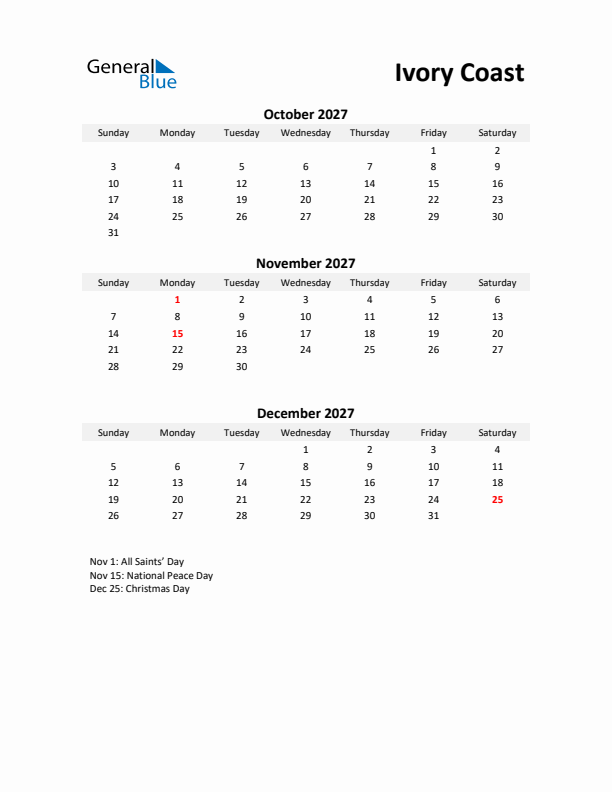 Printable Quarterly Calendar with Notes and Ivory Coast Holidays- Q4 of 2027
