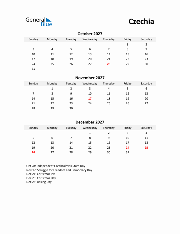 Printable Quarterly Calendar with Notes and Czechia Holidays- Q4 of 2027