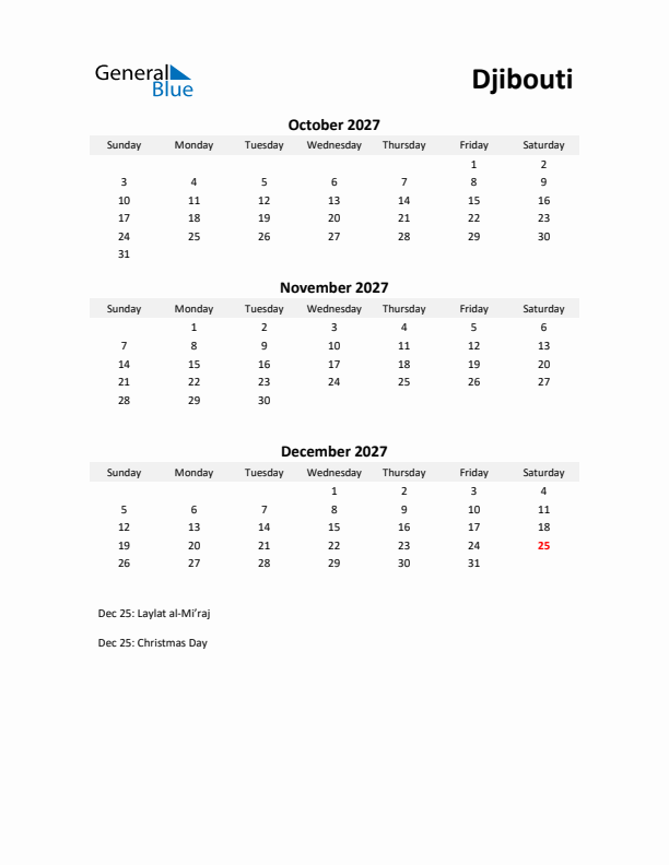 Printable Quarterly Calendar with Notes and Djibouti Holidays- Q4 of 2027