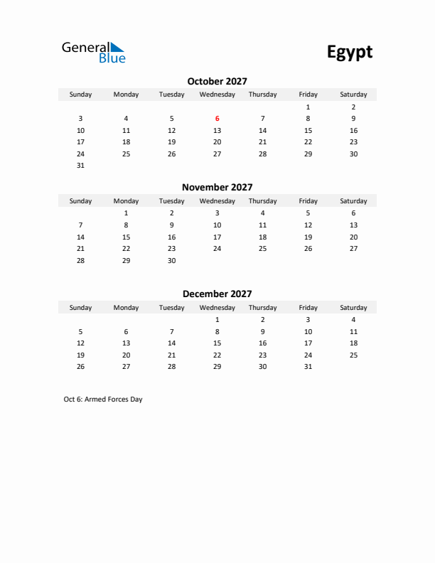 Printable Quarterly Calendar with Notes and Egypt Holidays- Q4 of 2027