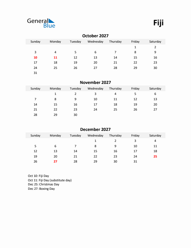 Printable Quarterly Calendar with Notes and Fiji Holidays- Q4 of 2027