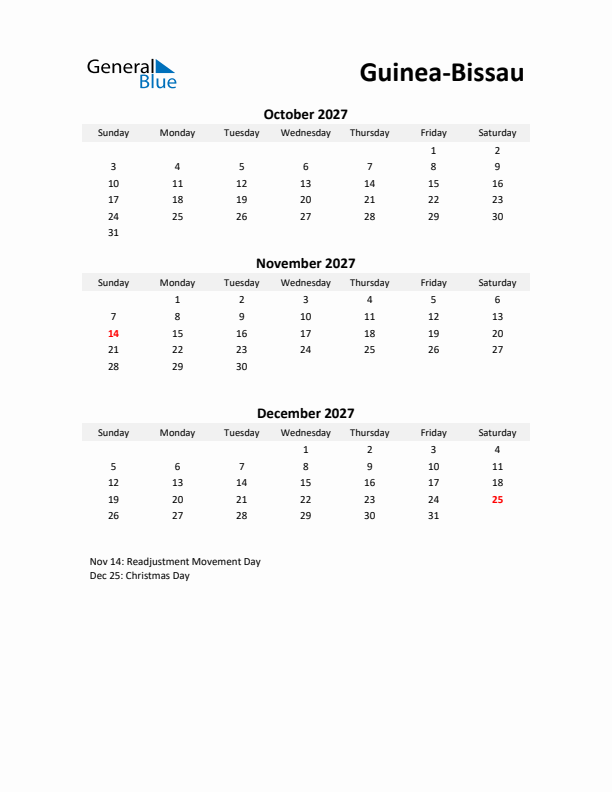 Printable Quarterly Calendar with Notes and Guinea-Bissau Holidays- Q4 of 2027