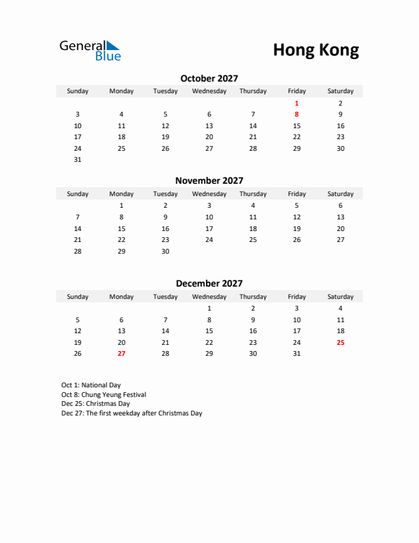 Printable Quarterly Calendar with Notes and Hong Kong Holidays- Q4 of 2027