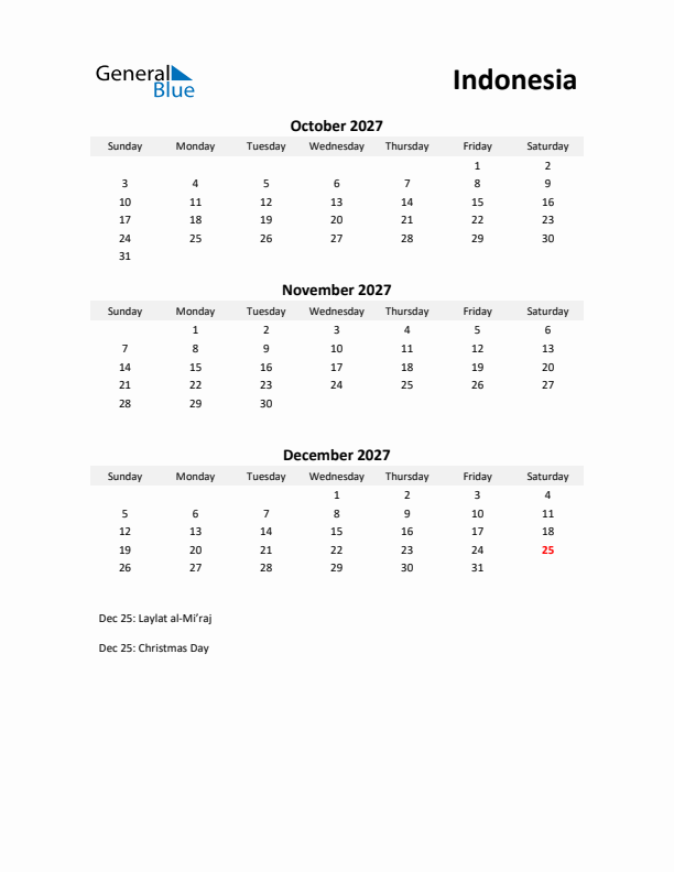 Printable Quarterly Calendar with Notes and Indonesia Holidays- Q4 of 2027