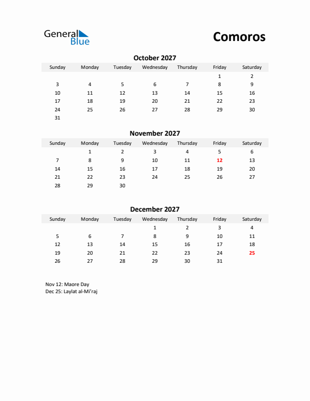 Printable Quarterly Calendar with Notes and Comoros Holidays- Q4 of 2027
