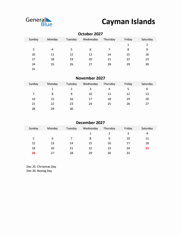 Printable Quarterly Calendar with Notes and Cayman Islands Holidays- Q4 of 2027