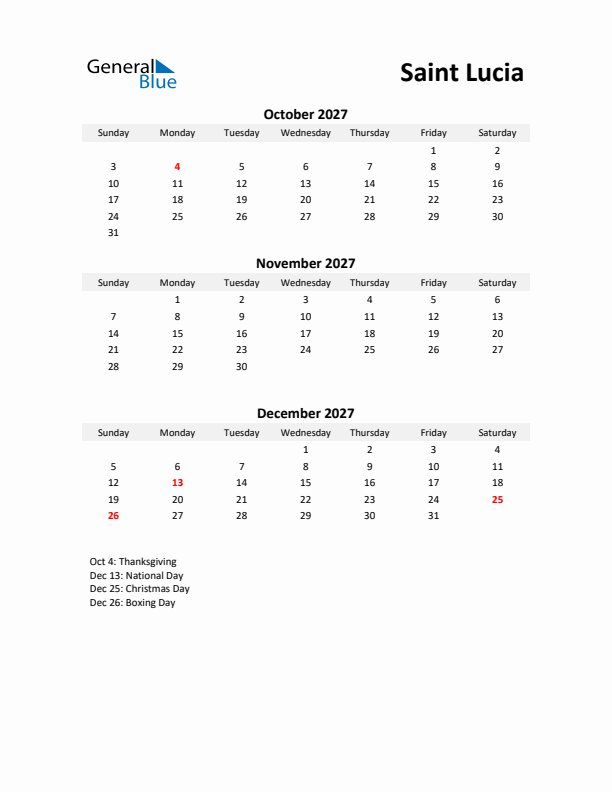 Printable Quarterly Calendar with Notes and Saint Lucia Holidays- Q4 of 2027