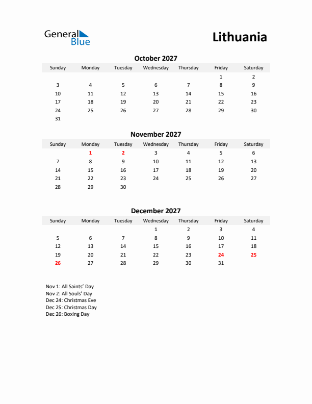 Printable Quarterly Calendar with Notes and Lithuania Holidays- Q4 of 2027