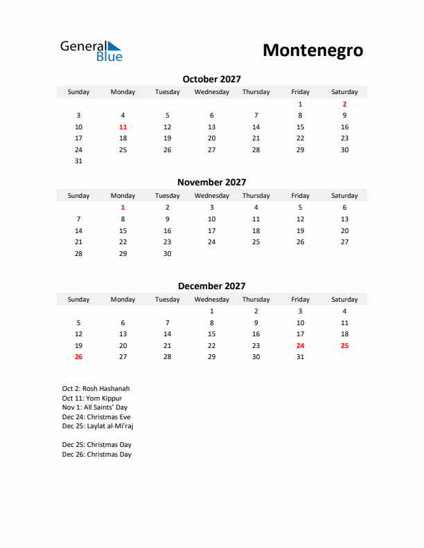Printable Quarterly Calendar with Notes and Montenegro Holidays- Q4 of 2027