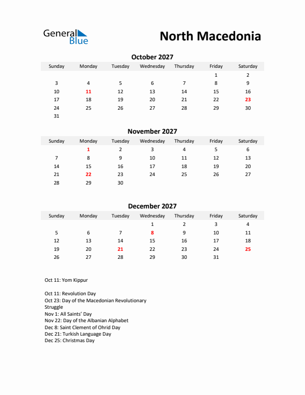 Printable Quarterly Calendar with Notes and North Macedonia Holidays- Q4 of 2027