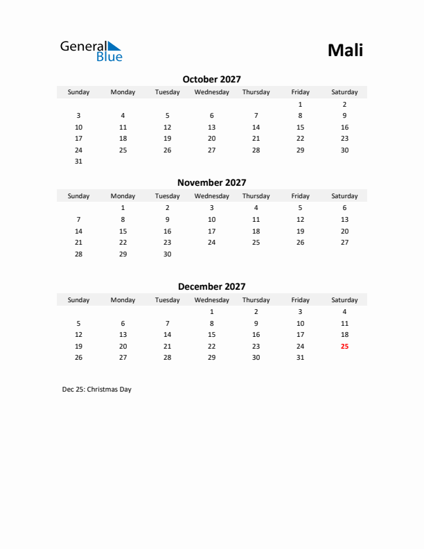 Printable Quarterly Calendar with Notes and Mali Holidays- Q4 of 2027