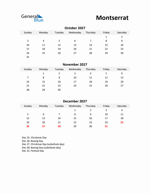 Printable Quarterly Calendar with Notes and Montserrat Holidays- Q4 of 2027