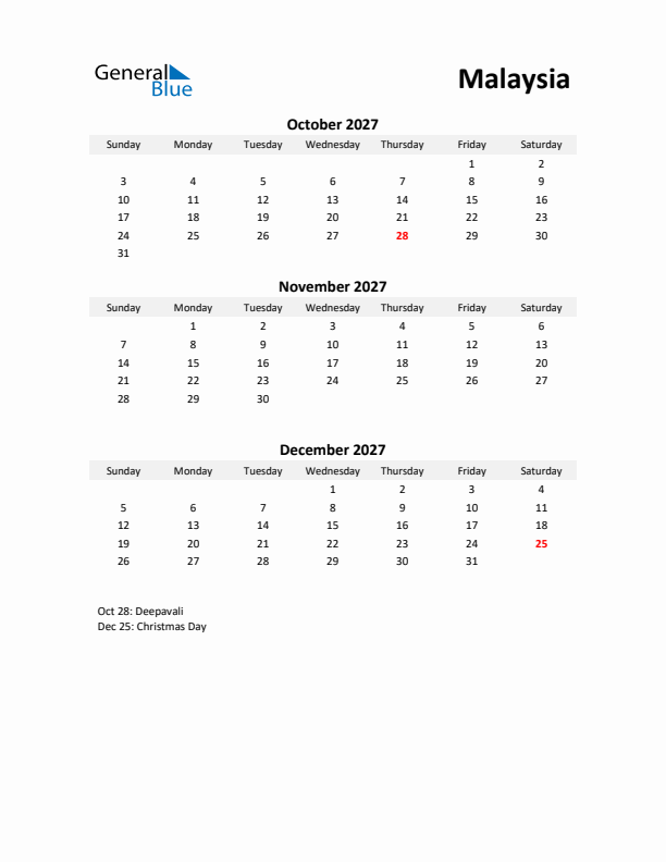 Printable Quarterly Calendar with Notes and Malaysia Holidays- Q4 of 2027