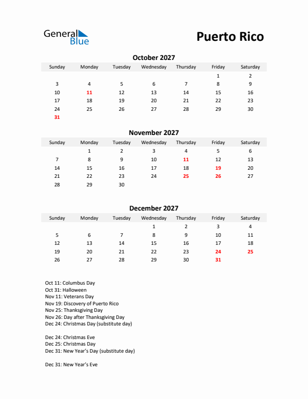 Printable Quarterly Calendar with Notes and Puerto Rico Holidays- Q4 of 2027