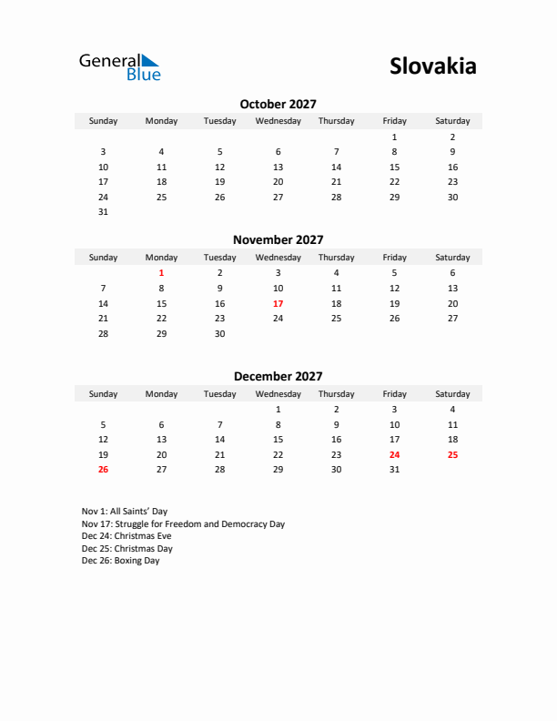 Printable Quarterly Calendar with Notes and Slovakia Holidays- Q4 of 2027