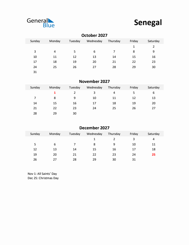 Printable Quarterly Calendar with Notes and Senegal Holidays- Q4 of 2027