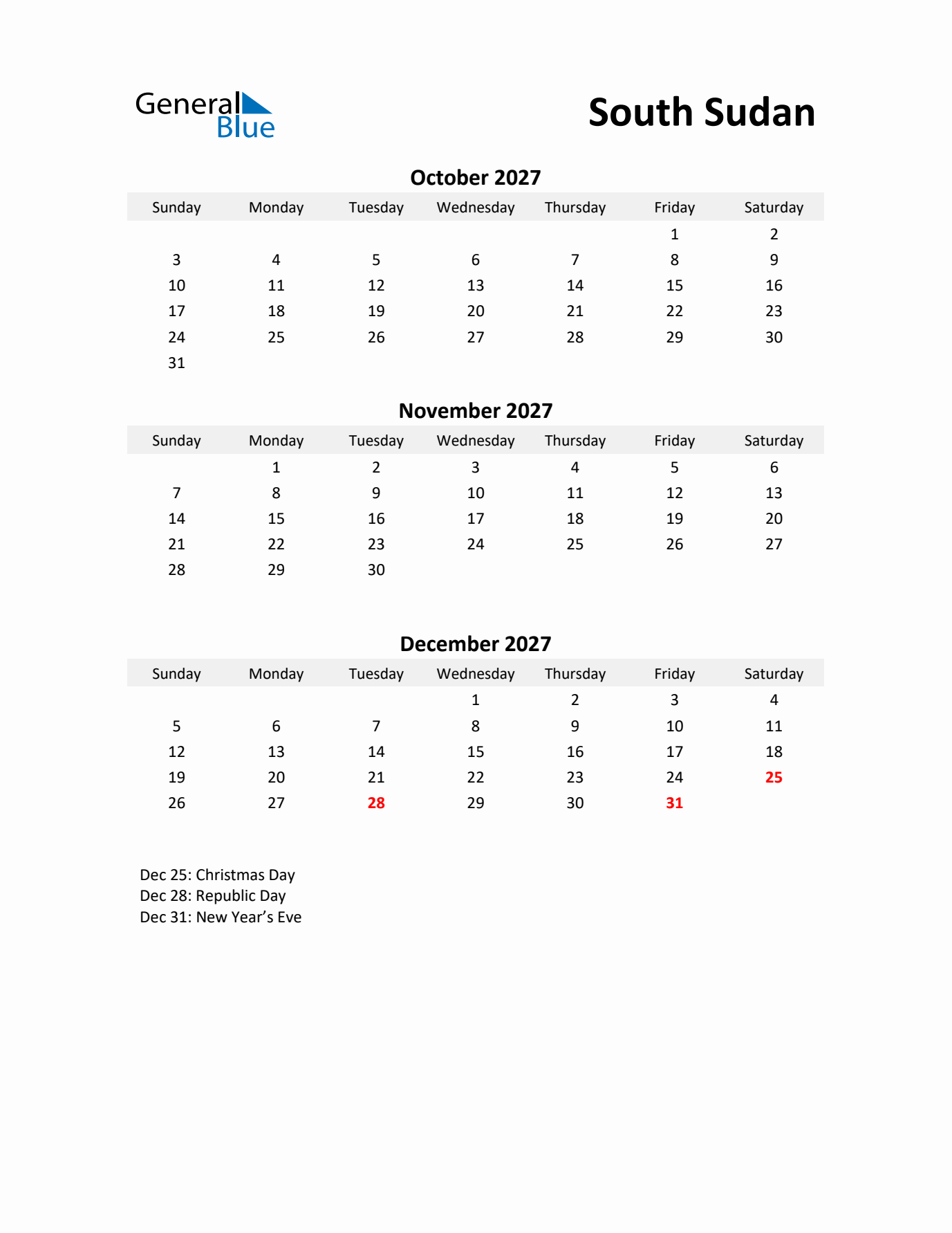 Printable Quarterly Calendar with Notes and South Sudan Holidays- Q4 of 2027