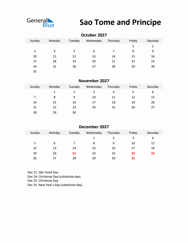 Printable Quarterly Calendar with Notes and Sao Tome and Principe Holidays- Q4 of 2027