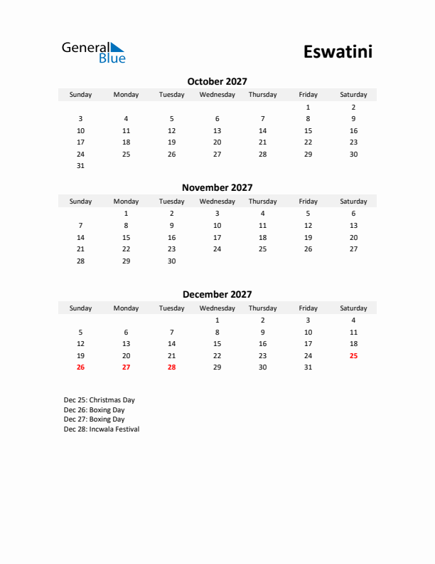 Printable Quarterly Calendar with Notes and Eswatini Holidays- Q4 of 2027