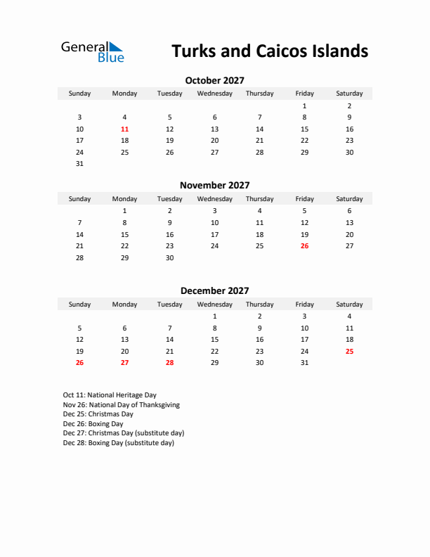Printable Quarterly Calendar with Notes and Turks and Caicos Islands Holidays- Q4 of 2027