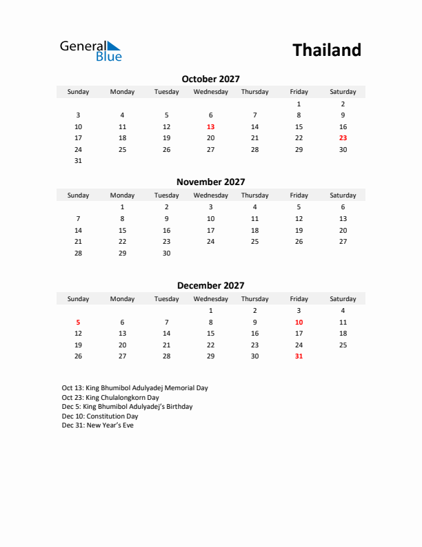 Printable Quarterly Calendar with Notes and Thailand Holidays- Q4 of 2027
