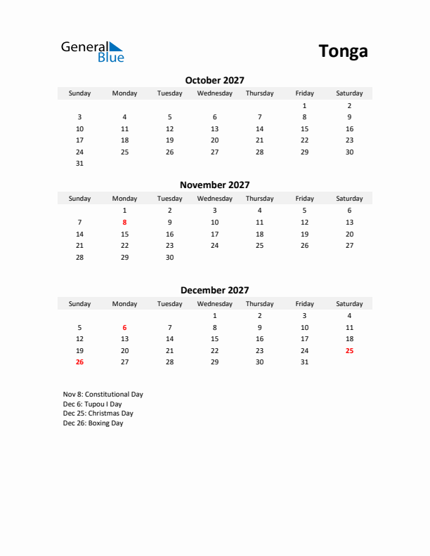 Printable Quarterly Calendar with Notes and Tonga Holidays- Q4 of 2027