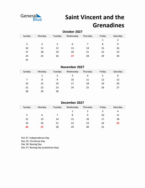 Printable Quarterly Calendar with Notes and Saint Vincent and the Grenadines Holidays- Q4 of 2027
