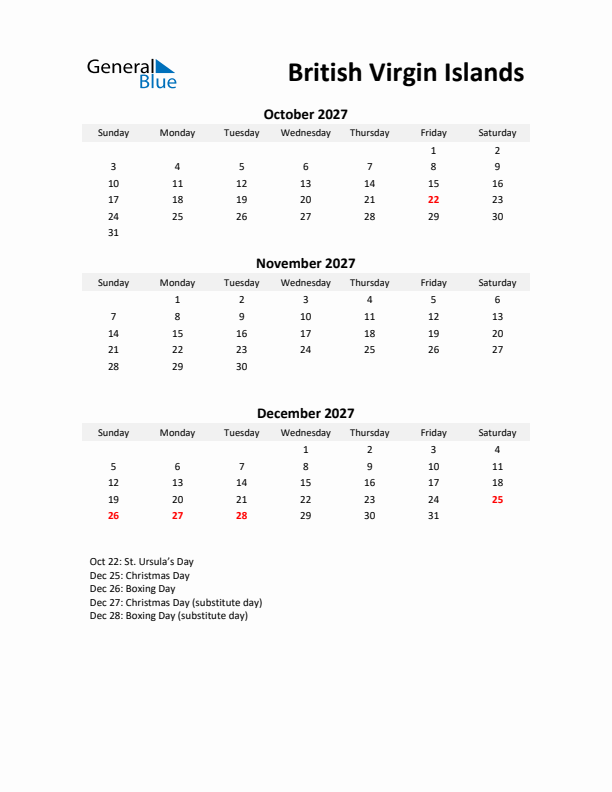 Printable Quarterly Calendar with Notes and British Virgin Islands Holidays- Q4 of 2027