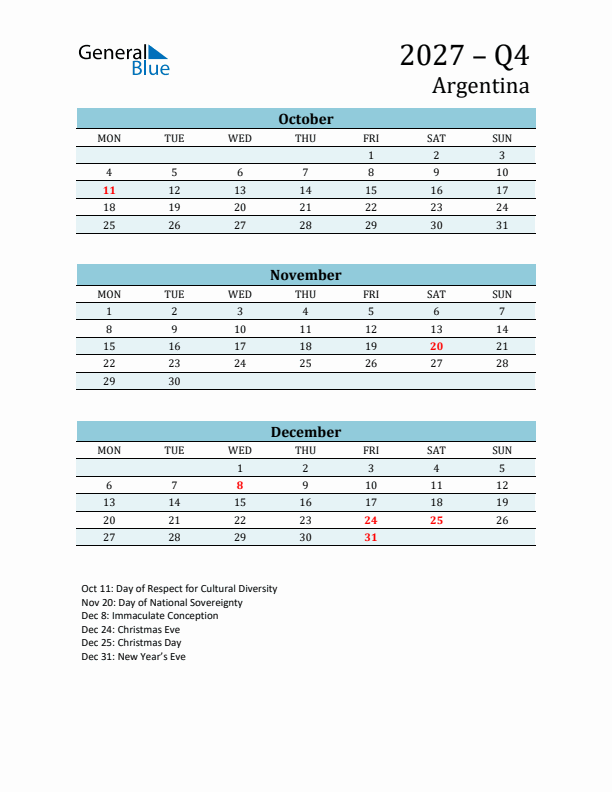 Three-Month Planner for Q4 2027 with Holidays - Argentina