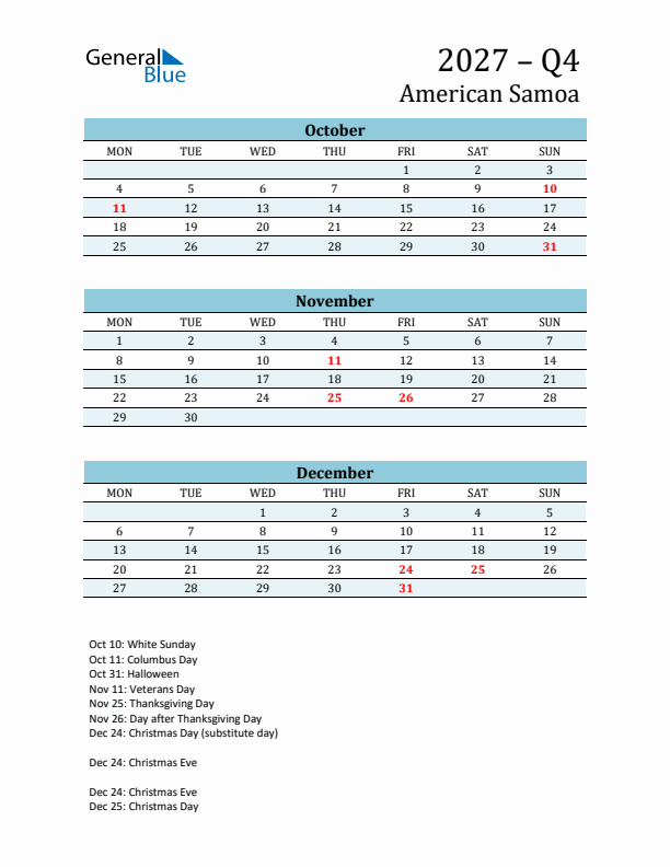Three-Month Planner for Q4 2027 with Holidays - American Samoa