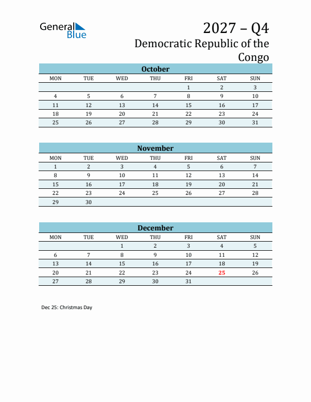 Three-Month Planner for Q4 2027 with Holidays - Democratic Republic of the Congo