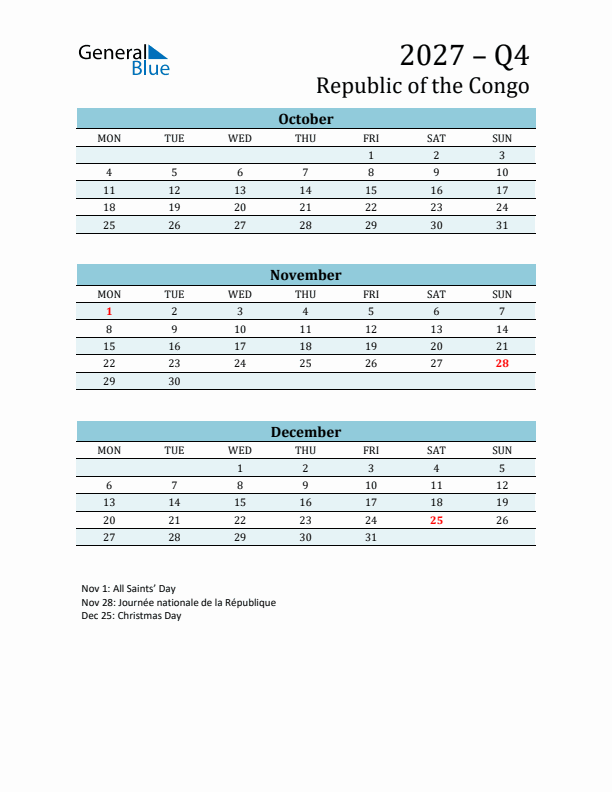 Three-Month Planner for Q4 2027 with Holidays - Republic of the Congo
