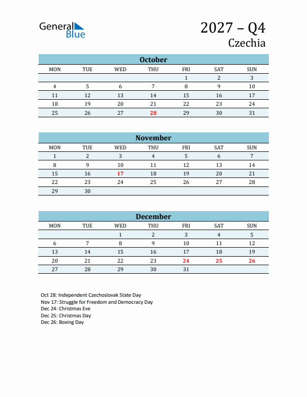 Three-Month Planner for Q4 2027 with Holidays - Czechia