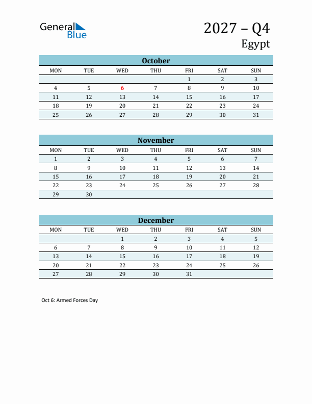 Three-Month Planner for Q4 2027 with Holidays - Egypt