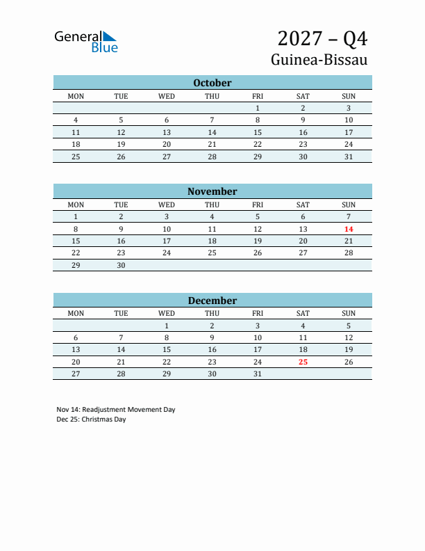 Three-Month Planner for Q4 2027 with Holidays - Guinea-Bissau