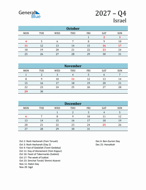 Three-Month Planner for Q4 2027 with Holidays - Israel
