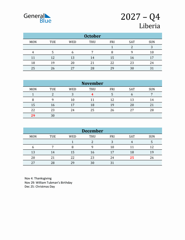 Three-Month Planner for Q4 2027 with Holidays - Liberia